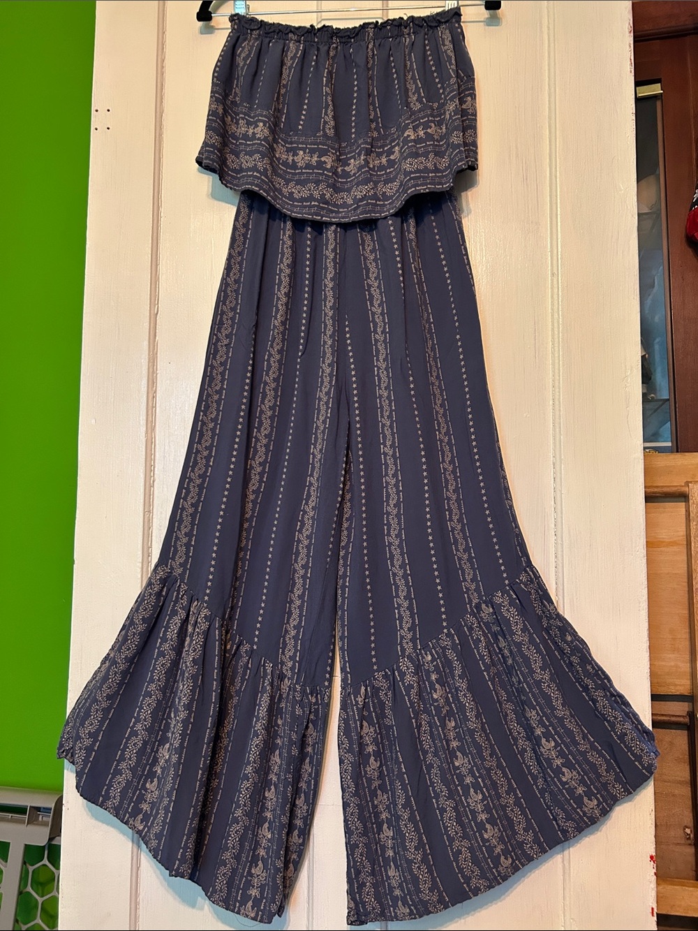 Marshalls Navy Off-Shoulder Wide-Leg Jumpsuit with Cream Print